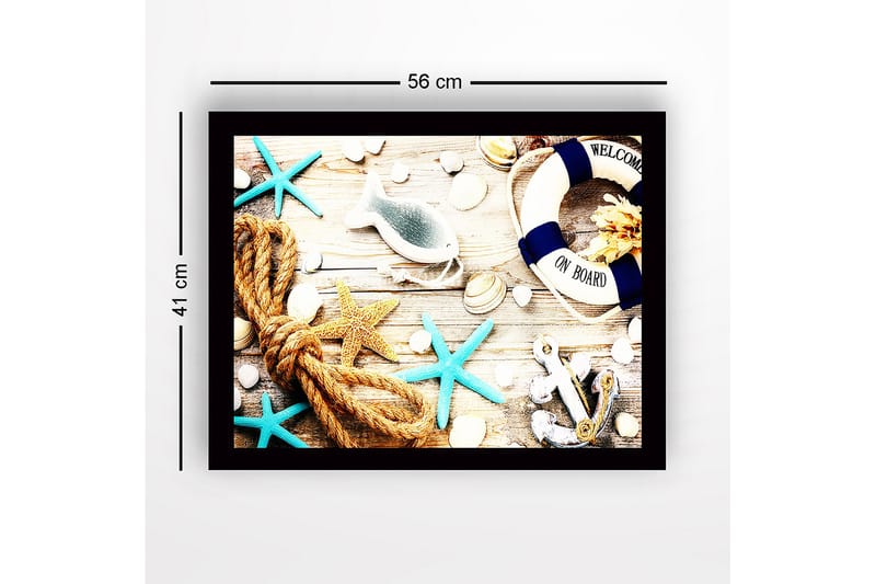 Indrammet lærredstryk i træ - 41x56 cm - Maritim ro med skaller, stjerner og en redningskrans - Blå / Beige / Orange - Boligtilbehør - Billeder & kunst