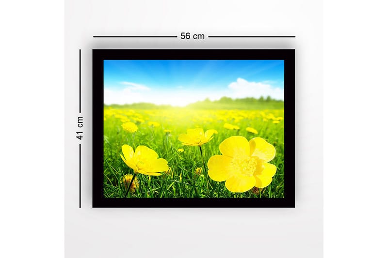 Indrammet lærredstryk i træ - 41x56 cm - Mark med gule blomster i solrigt landskab - Gul / Grøn - Boligtilbehør - Billeder & kunst
