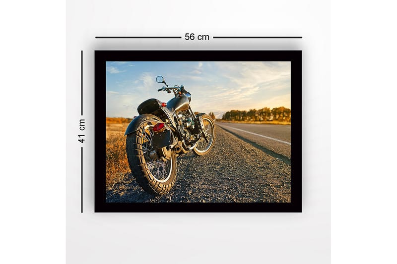 Indrammet lærredstryk i træ - 41x56 cm - Motorcykel i solnedgangens lys langs en øde vej - Sort / Orange / Grå - Boligtilbehør - Billeder & kunst