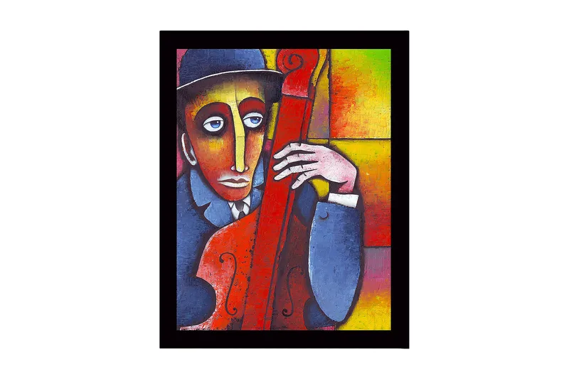Indrammet lærredstryk i træ - 41x56 cm - Musiker med kontrabas i en farverig komposition, Rød / Blå / Gul