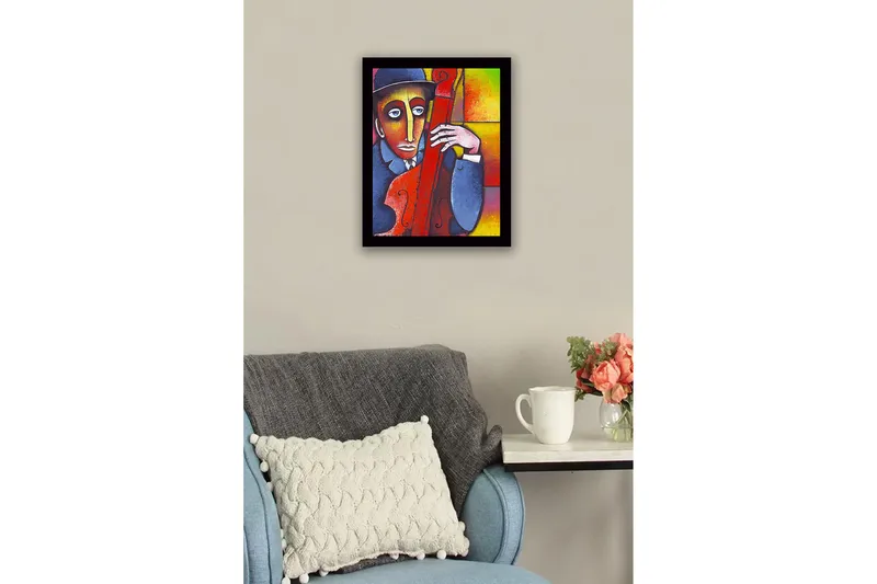 Indrammet lærredstryk i træ - 41x56 cm - Musiker med kontrabas i en farverig komposition - Rød / Blå / Gul - Boligtilbehør - Billeder & kunst
