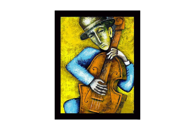 Indrammet lærredstryk i træ - 41x56 cm - Musiker spiller kontrabas med følelsesladet udtryk, Gul / Blå / Brun