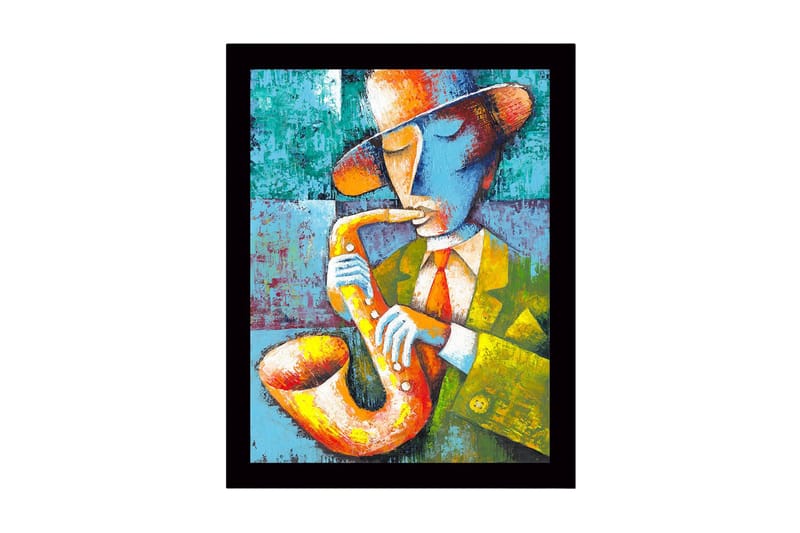 Indrammet lærredstryk i træ - 41x56 cm - Musiker spiller saxofon i en farverig og udtryksfuld stil, Gul / Grøn / Blå
