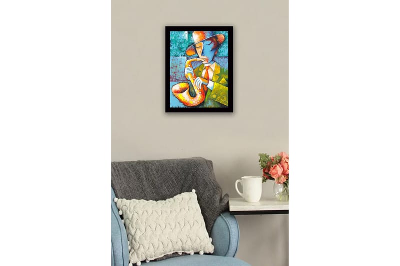 Indrammet lærredstryk i træ - 41x56 cm - Musiker spiller saxofon i en farverig og udtryksfuld stil - Gul / Grøn / Blå - Boligtilbehør - Billeder & kunst