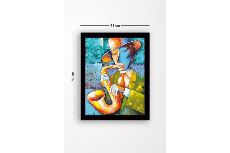 Indrammet lærredstryk i træ - 41x56 cm - Musiker spiller saxofon i en farverig og udtryksfuld stil - Gul / Grøn / Blå - Boligtilbehør - Billeder & kunst