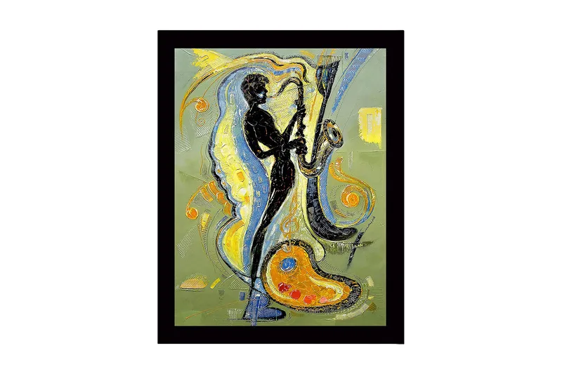 Indrammet lærredstryk i træ - 41x56 cm - Musiker spiller saxofon med farverige gynger hele vejen rundt, Sort / Gul / Blå