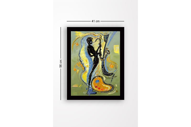 Indrammet lærredstryk i træ - 41x56 cm - Musiker spiller saxofon med farverige gynger hele vejen rundt - Sort / Gul / Blå - Boligtilbehør - Billeder & kunst