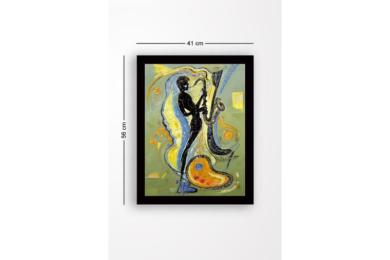 Indrammet lærredstryk i træ - 41x56 cm - Musiker spiller saxofon med farverige gynger hele vejen rundt - Sort / Gul / Blå - Boligtilbehør - Billeder & kunst