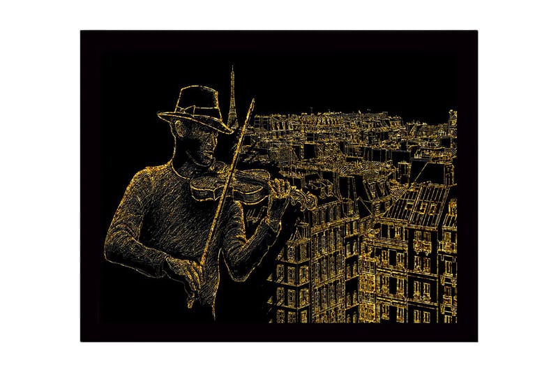 Indrammet lærredstryk i træ - 41x56 cm - Musiker spiller violin med en bysilhuet i baggrunden, Guld / Sort