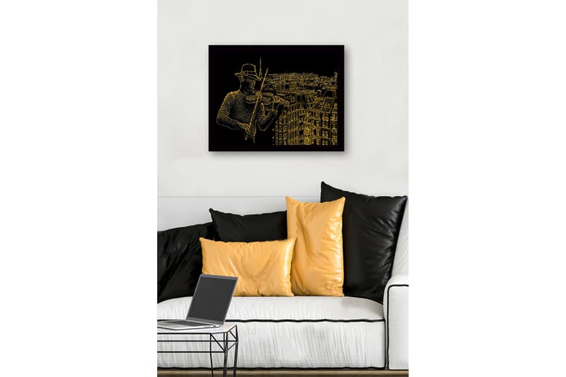 Indrammet lærredstryk i træ - 41x56 cm - Musiker spiller violin med en bysilhuet i baggrunden - Guld / Sort - Boligtilbehør - Billeder & kunst