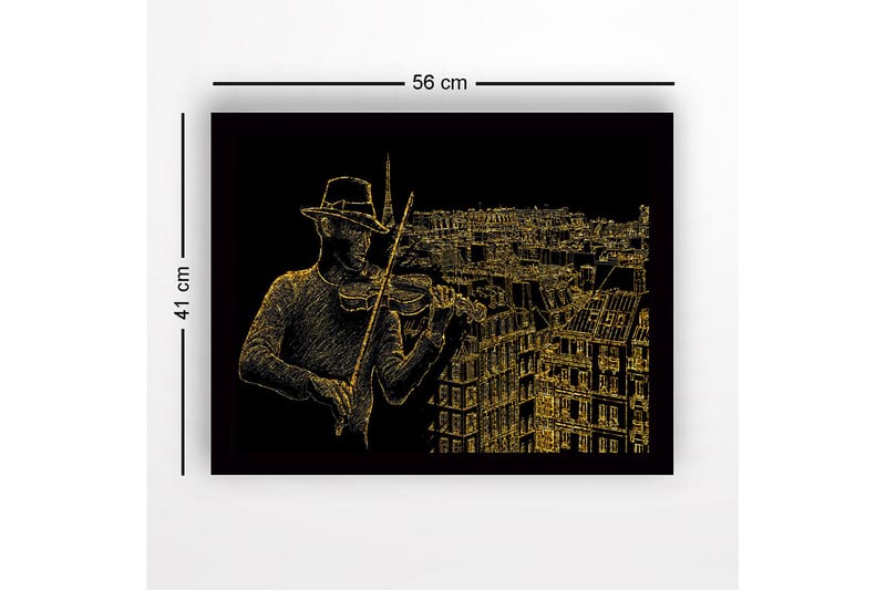 Indrammet lærredstryk i træ - 41x56 cm - Musiker spiller violin med en bysilhuet i baggrunden - Guld / Sort - Boligtilbehør - Billeder & kunst