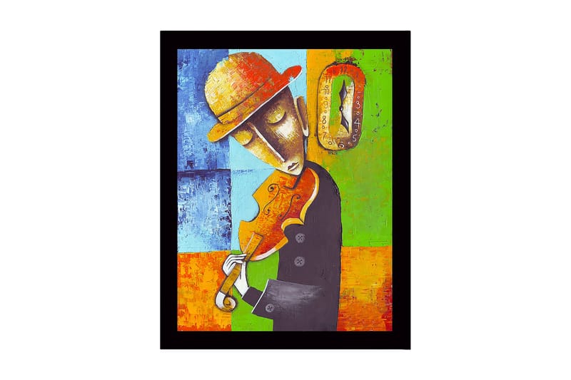 Indrammet lærredstryk i træ - 41x56 cm - Musiker spiller violin med en følelse af tidens gang, Blå / Grøn / Orange
