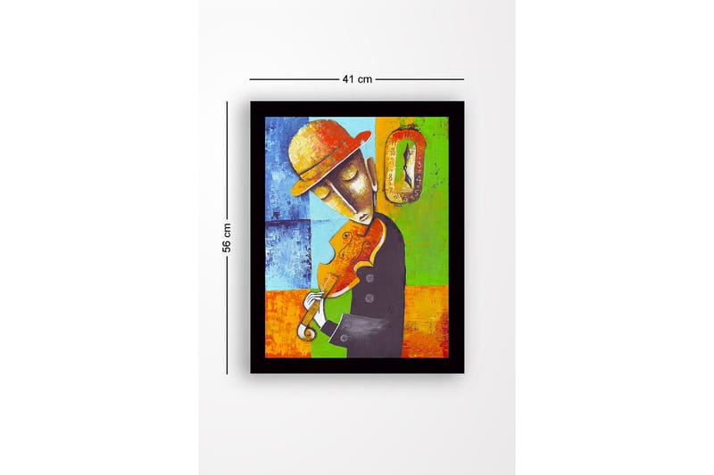 Indrammet lærredstryk i træ - 41x56 cm - Musiker spiller violin med en følelse af tidens gang - Blå / Grøn / Orange - Boligtilbehør - Billeder & kunst