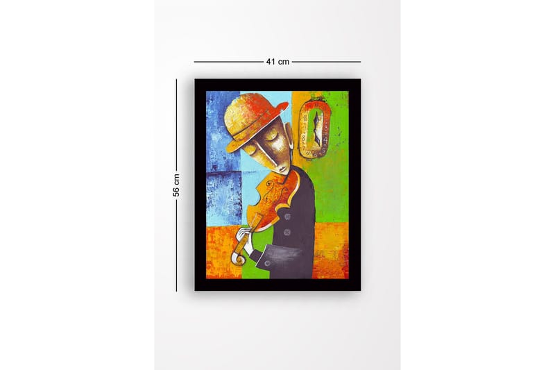 Indrammet lærredstryk i træ - 41x56 cm - Musiker spiller violin med en følelse af tidens gang - Blå / Grøn / Orange - Boligtilbehør - Billeder & kunst