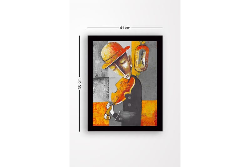 Indrammet lærredstryk i træ - 41x56 cm - Musiker spiller violin med en nostalgisk følelse - Grå / Orange / Gul - Boligtilbehør - Billeder & kunst