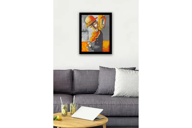Indrammet lærredstryk i træ - 41x56 cm - Musiker spiller violin med en nostalgisk følelse - Grå / Orange / Gul - Boligtilbehør - Billeder & kunst