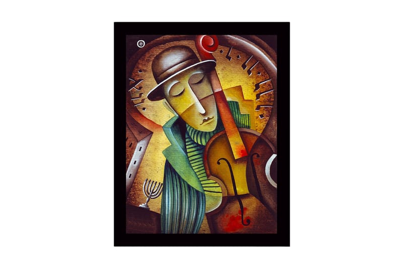 Indrammet lærredstryk i træ - 41x56 cm - Musiker spiller violin med et drømmende udtryk, Guld / Grøn / Brun