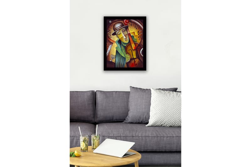 Indrammet lærredstryk i træ - 41x56 cm - Musiker spiller violin med et drømmende udtryk - Guld / Grøn / Brun - Boligtilbehør - Billeder & kunst