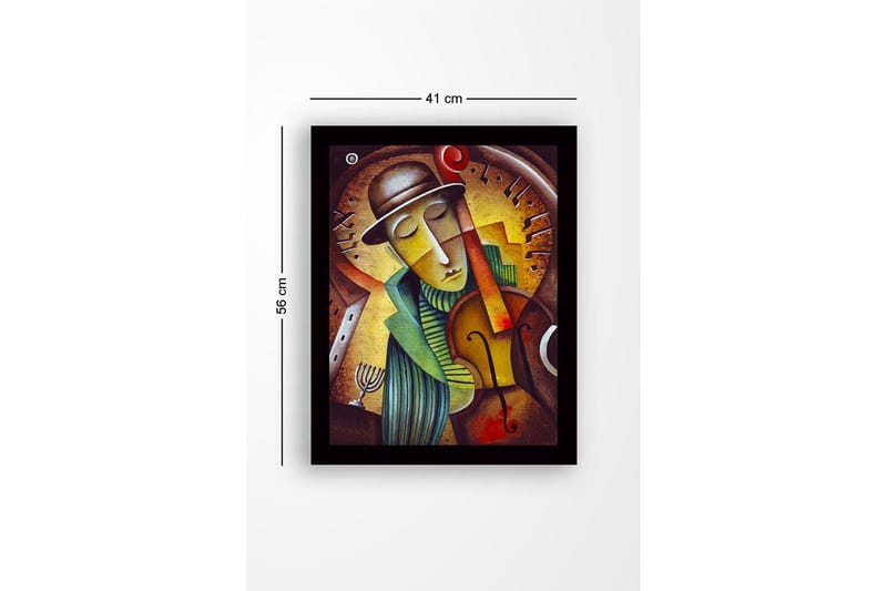 Indrammet lærredstryk i træ - 41x56 cm - Musiker spiller violin med et drømmende udtryk - Guld / Grøn / Brun - Boligtilbehør - Billeder & kunst