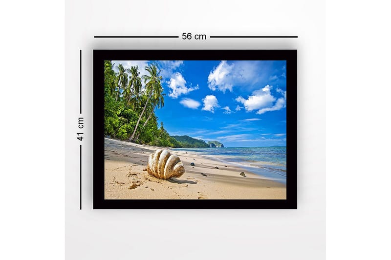 Indrammet lærredstryk i træ - 41x56 cm - Muslingeskaller på en solrig strand med palmer i baggrunden - Blå / Grøn / Beige - Boligtilbehør - Billeder & kunst