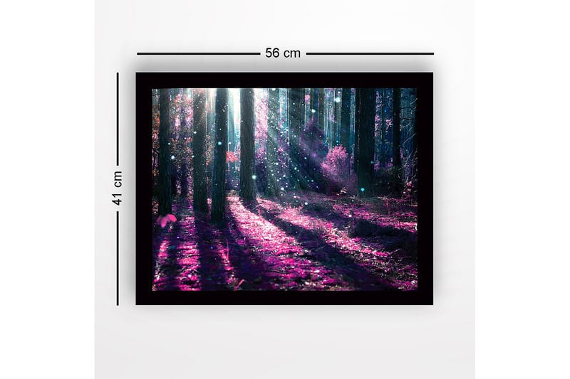 Indrammet lærredstryk i træ - 41x56 cm - Mystisk skov med lilla og blå lysstråler - Lilla / Blå - Boligtilbehør - Billeder & kunst