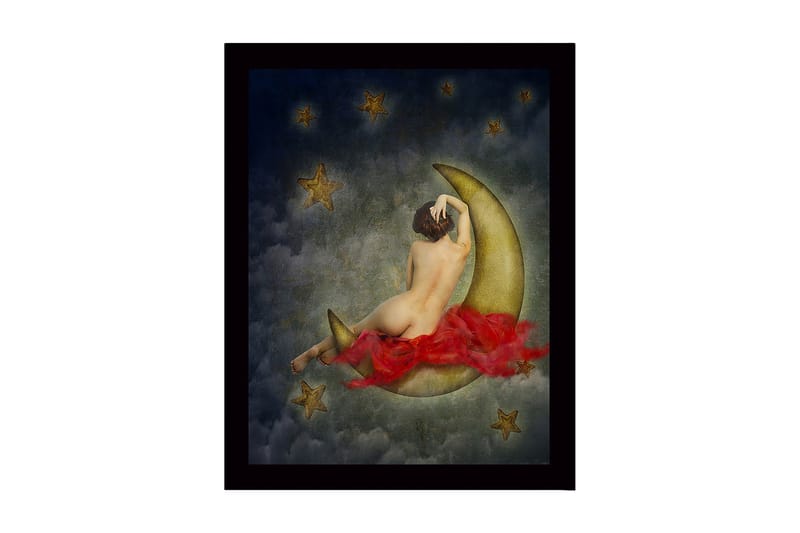 Indrammet lærredstryk i træ - 41x56 cm - Nøgen kvinde hviler på en halvmåne omgivet af stjerner, Guld / Rød / Grå