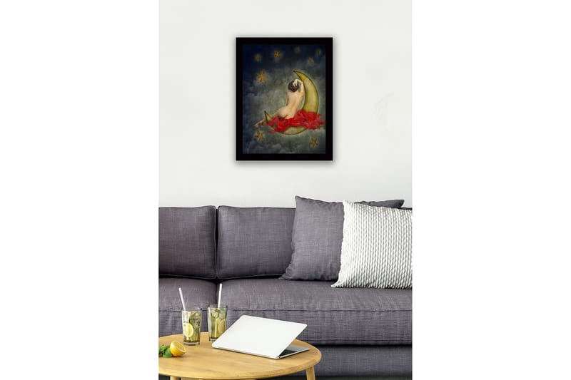 Indrammet lærredstryk i træ - 41x56 cm - Nøgen kvinde hviler på en halvmåne omgivet af stjerner - Guld / Rød / Grå - Boligtilbehør - Billeder & kunst