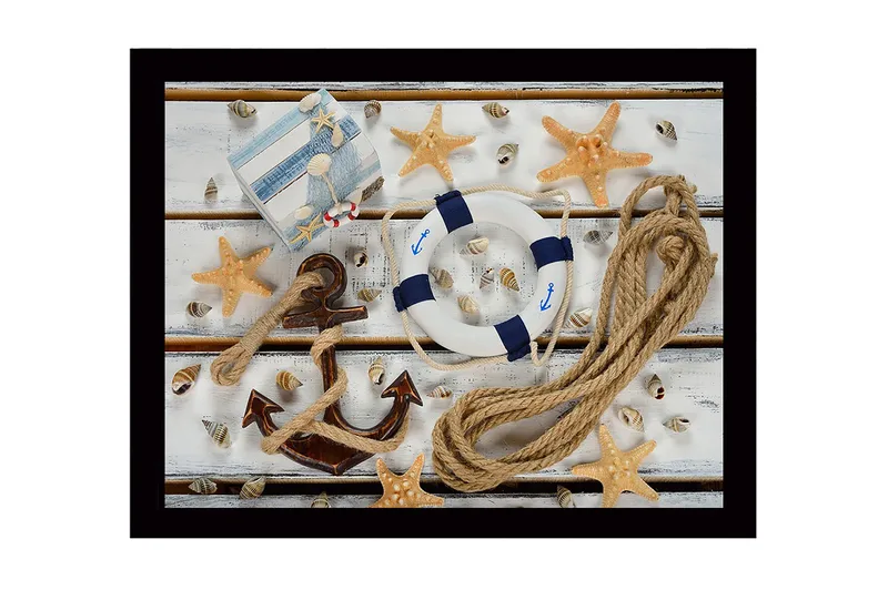 Indrammet lærredstryk i træ - 41x56 cm - Nautisk ro med anker og redningskrans - Blå / Beige / Brun - Boligtilbehør - Billeder & kunst