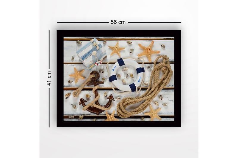 Indrammet lærredstryk i træ - 41x56 cm - Nautisk ro med anker og redningskrans - Blå / Beige / Brun - Boligtilbehør - Billeder & kunst