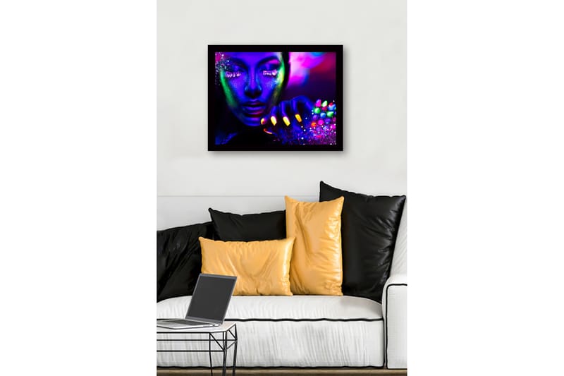 Indrammet lærredstryk i træ - 41x56 cm - Neonfarvet portræt af en kvinde med glitrende detaljer - Lilla / Grøn / Gul - Boligtilbehør - Billeder & kunst
