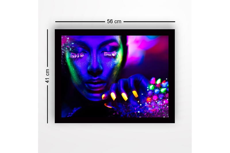 Indrammet lærredstryk i træ - 41x56 cm - Neonfarvet portræt af en kvinde med glitrende detaljer - Lilla / Grøn / Gul - Boligtilbehør - Billeder & kunst
