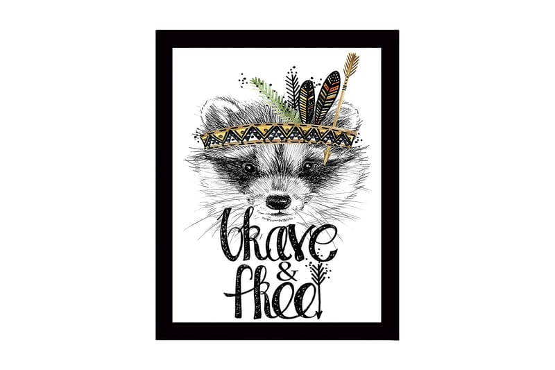 Indrammet lærredstryk i træ - 41x56 cm - Ræv med fjer og dekorativ hovedbeklædning, Sort / Guld / Hvid