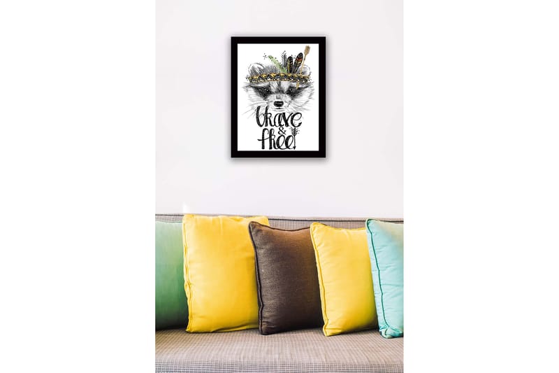 Indrammet lærredstryk i træ - 41x56 cm - Ræv med fjer og dekorativ hovedbeklædning - Sort / Guld / Hvid - Boligtilbehør - Billeder & kunst