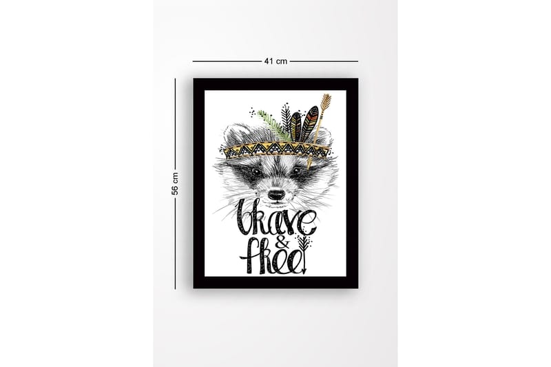 Indrammet lærredstryk i træ - 41x56 cm - Ræv med fjer og dekorativ hovedbeklædning - Sort / Guld / Hvid - Boligtilbehør - Billeder & kunst