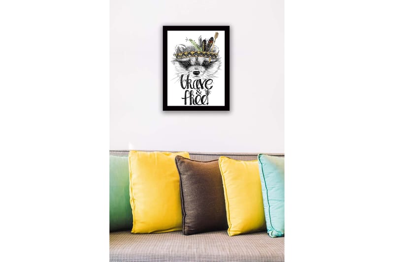 Indrammet lærredstryk i træ - 41x56 cm - Ræv med fjer og dekorativ hovedbeklædning - Sort / Guld / Hvid - Boligtilbehør - Billeder & kunst