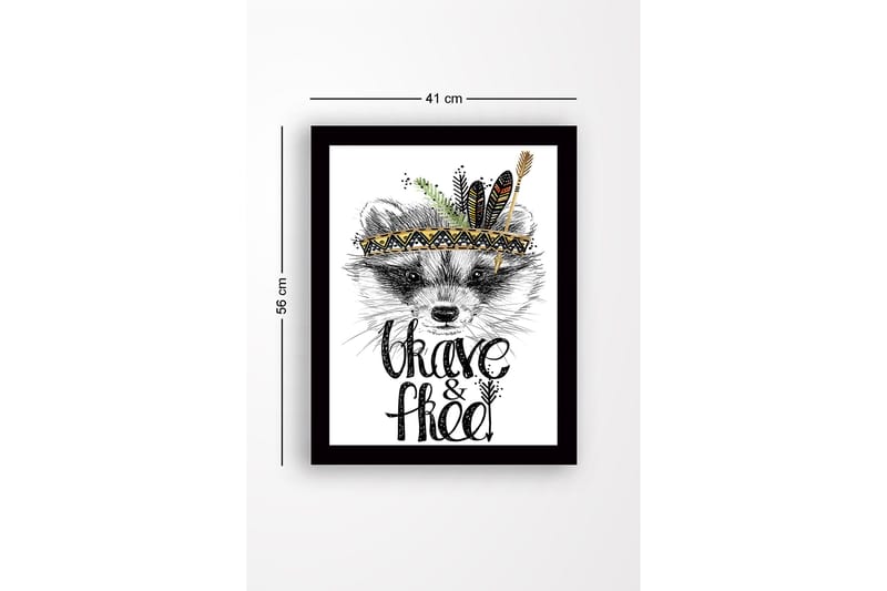 Indrammet lærredstryk i træ - 41x56 cm - Ræv med fjer og dekorativ hovedbeklædning - Sort / Guld / Hvid - Boligtilbehør - Billeder & kunst