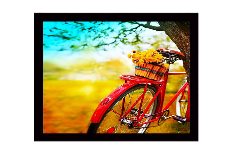 Indrammet lærredstryk i træ - 41x56 cm - Rød cykel med en kurv fyldt med blomster, Rød / Gul / Grøn
