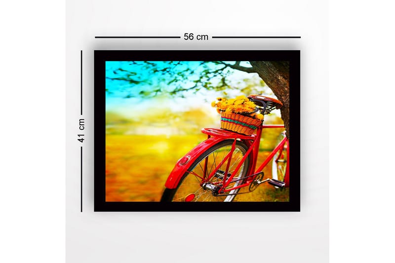 Indrammet lærredstryk i træ - 41x56 cm - Rød cykel med en kurv fyldt med blomster - Rød / Gul / Grøn - Boligtilbehør - Billeder & kunst