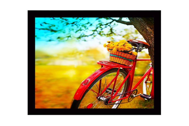 Indrammet lærredstryk i træ - 41x56 cm - Rød cykel med en kurv fyldt med blomster, Rød / Gul / Grøn