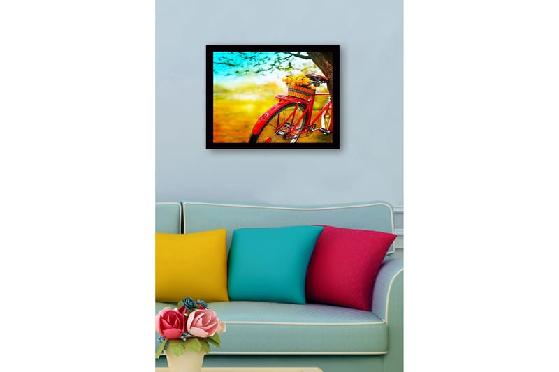 Indrammet lærredstryk i træ - 41x56 cm - Rød cykel med en kurv fyldt med blomster - Rød / Gul / Grøn - Boligtilbehør - Billeder & kunst