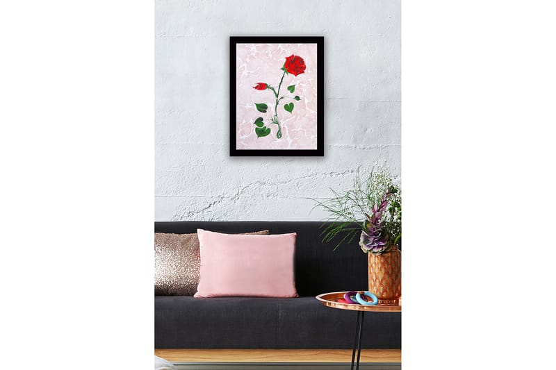 Indrammet lærredstryk i træ - 41x56 cm - Rød rose med grønne blade på en blød marmorlignende baggrund - Rød / Grøn / Lys pink - Boligtilbehør - Billeder & kunst