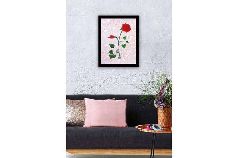 Indrammet lærredstryk i træ - 41x56 cm - Rød rose med grønne blade på en blød marmorlignende baggrund - Rød / Grøn / Lys pink - Boligtilbehør - Billeder & kunst
