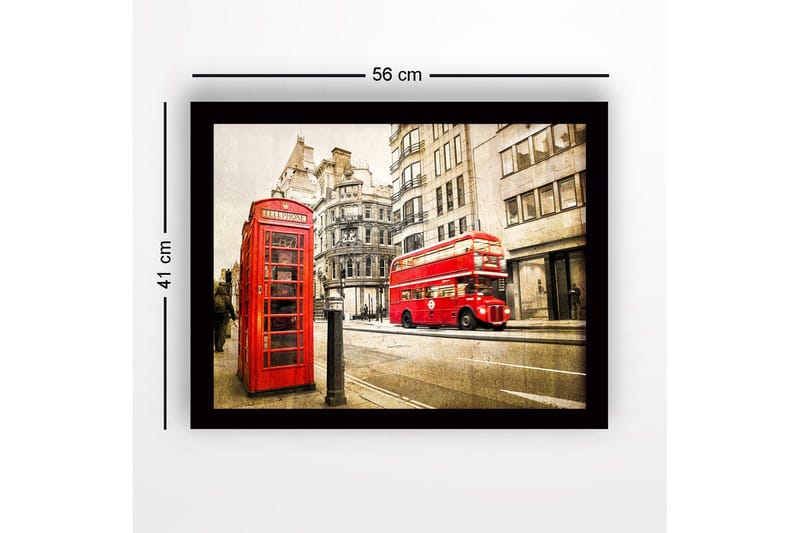 Indrammet lærredstryk i træ - 41x56 cm - Rød telefonboks i bymiljø med en dobbeltdækkerbus i bevægelse - Rød / Grå / Beige - Boligtilbehør - Billeder & kunst