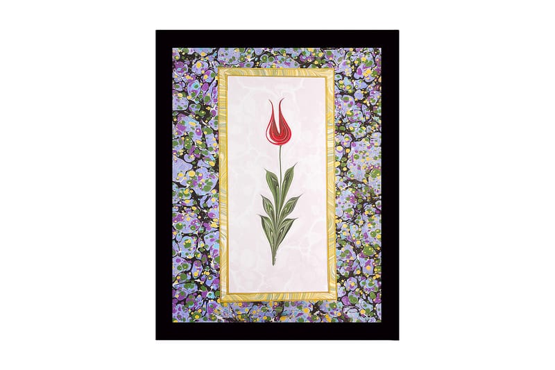 Indrammet lærredstryk i træ - 41x56 cm - Rød tulipan med grønne blade på en lys baggrund, Rød / Grøn / Lilla