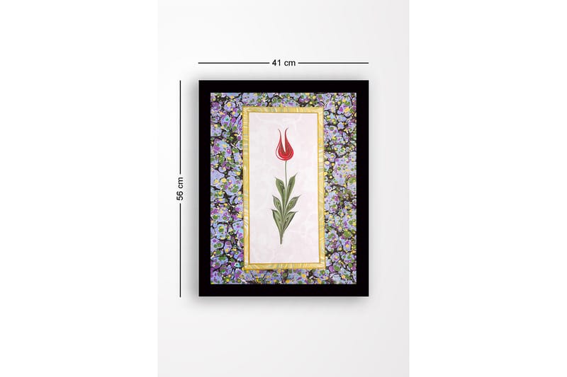 Indrammet lærredstryk i træ - 41x56 cm - Rød tulipan med grønne blade på en lys baggrund - Rød / Grøn / Lilla - Boligtilbehør - Billeder & kunst