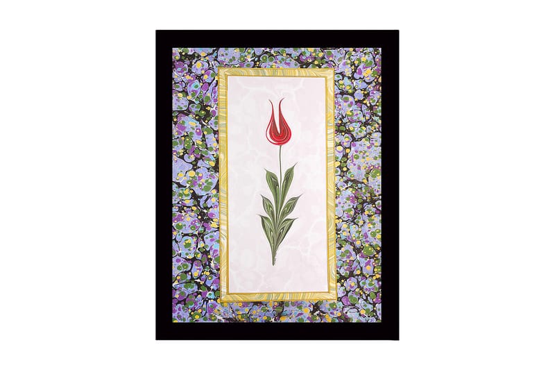 Indrammet lærredstryk i træ - 41x56 cm - Rød tulipan med grønne blade på en lys baggrund, Rød / Grøn / Lilla