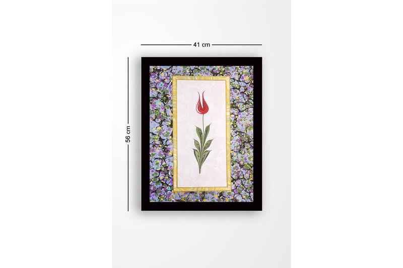 Indrammet lærredstryk i træ - 41x56 cm - Rød tulipan med grønne blade på en lys baggrund - Rød / Grøn / Lilla - Boligtilbehør - Billeder & kunst