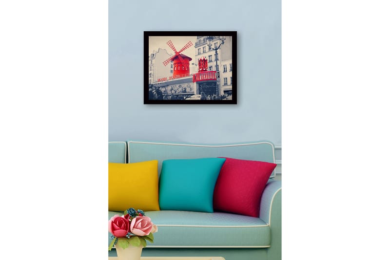 Indrammet lærredstryk i træ - 41x56 cm - Rød vindmølle med neonlys på Moulin Rouge - Rød / Sort / Grå - Boligtilbehør - Billeder & kunst