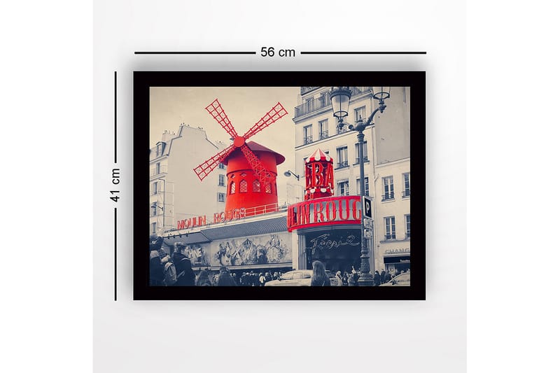 Indrammet lærredstryk i træ - 41x56 cm - Rød vindmølle med neonlys på Moulin Rouge - Rød / Sort / Grå - Boligtilbehør - Billeder & kunst