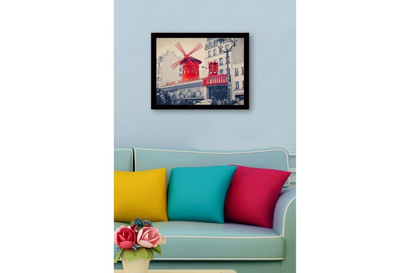 Indrammet lærredstryk i træ - 41x56 cm - Rød vindmølle med neonlys på Moulin Rouge - Rød / Sort / Grå - Boligtilbehør - Billeder & kunst